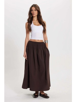 Tudors Kadın Slim Fit Dar Kesim Pamuklu Beli Lastikli Kahverengi Etek