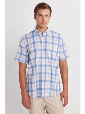 Tudors Erkek Regular Fit Klasik Kesim Oversize %100 Pamuk Keten Doku Cepli Kareli Kısa Kollu Gömlek
