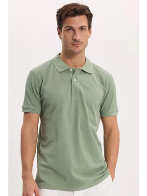 Tudors Erkek Slim Fit Dar Kesim %100 Pamuk Kısa Kollu Polo Yaka Yeşil Tişört