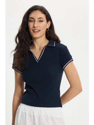 Tudors Kadın Slim Fit Dar Kesim Pamuklu Polo Yaka Kısa Kollu Lacivert Tişört