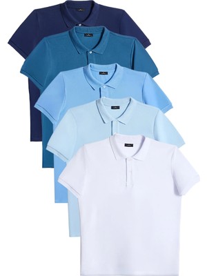 Tudors Erkek 5'li Paket Mavi Tonları Slim Fit Dar Kesim Pamuklu Düz Pike Polo Yaka Tişört