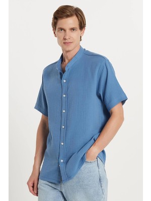 Tudors Erkek Relax Fit Rahat Kesim Oversize %100 Pamuk Müslin Kumaş Kısa Kol Spor Hakim Yaka İndigo Gömlek