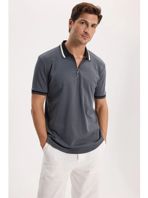 Tudors Erkek Slim Fit Dar Kesim %100 Pamuk Kısa Kollu Yarım Fermuarlı Antrasit Polo Yaka Tişört