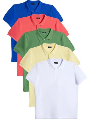 Tudors Erkek 5li Paket K. Sax-Sarı-Turuncu-Yeşil-Beyaz Slim Fit Dar Kesim Pamuklu Düz Pike Polo Yaka Tişört