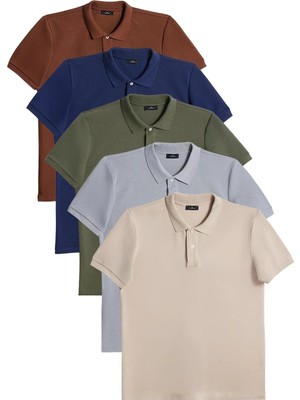 Tudors Erkek 5'li Paket Lacivert-Haki-Toprak-Bej-Gri Slim Fit Dar Kesim Pamuklu Düz Pike Polo Yaka Tişört