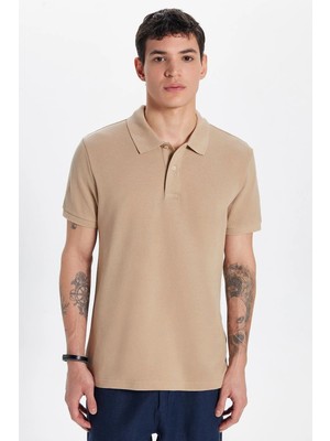Tudors Erkek Slim Fit Dar Kesim %100 Pamuk Bej Polo Yaka Tişört