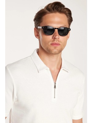 Tudors Erkek Slim Fit Dar Kesim %100 Pamuk Fermuarlı Beyaz Polo Yaka Tişört