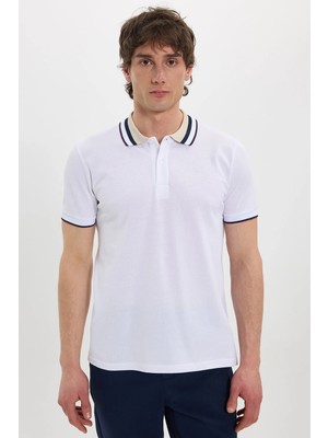 Tudors Erkek Slim Fit Dar Kesim %100 Pamuk Beyaz Polo Yaka Tişört