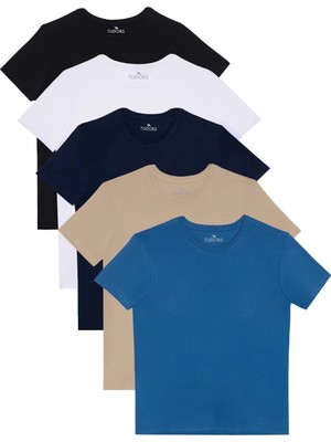 Tudors Unisex 5'li Pkt Siyah-Beyaz-Lacivert-Vizon-Mavi Slim Fit Dar Kesim %100 Pamuk Bisiklet Yaka Tişört