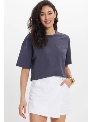 Tudors Kadın Slim Fit Dar Kesim %100 Pamuk Kısa Kollu Bisiklet Yaka Gri Crop Tişört Bluz