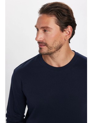 Tudors Unisex Relax Fit Rahat Kesim %100 Pamuk Uzun Kollu Bisiklet Yaka Lacivert Basic Tişört