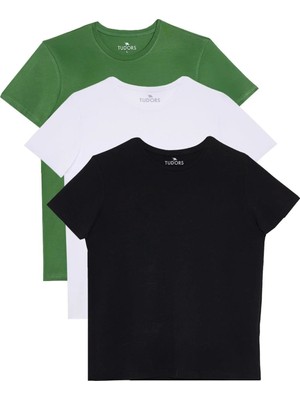 Tudors Unisex 3'lü Paket Siyah-Beyaz-Yeşil Slim Fit Dar Kesim %100 Pamuk Bisiklet Yaka Tişört