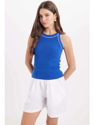Tudors Kadın Slim Fit Dar Kesim Pamuklu Askılı Bisiklet Yaka Biyeli Saks Mavi Crop Atlet