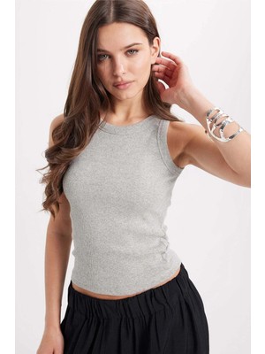 Tudors Kadın Slim Fit Dar Kesim Pamuklu Askılı Bisiklet Yaka Gri Crop Atlet