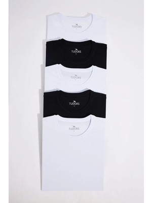 Tudors Unisex 5'li Paket Siyah-Beyaz Slim Fit Dar Kesim %100 Pamuk Bisiklet Yaka Tişört
