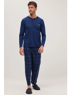 Tudors Erkek Regular Fit Pamuklu Düğmeli Yaka Beli Lastikli Desenli İndigo Pijama Takımı
