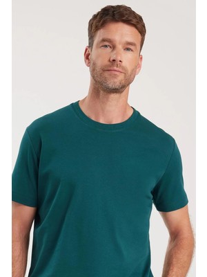 Tudors Unisex Relax Fit Rahat Kesim %100 Pamuk Yumuşak Dokulu Hafif Kalın Yeşil Bisiklet Yaka Tişört