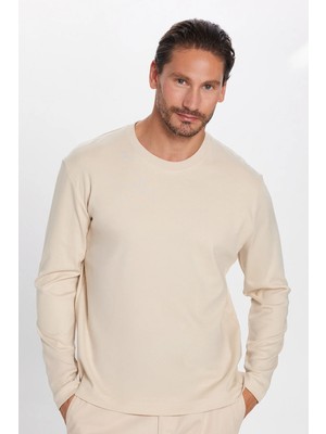 Tudors Unisex Relax Fit Rahat Kesim %100 Pamuk Uzun Kollu Bisiklet Yaka Bej Basic Tişört
