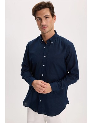 Tudors Erkek Regular Fit Klasik Kesim Oversize Pamuklu Keten Doku Düğmeli Yaka Lacivert Gömlek