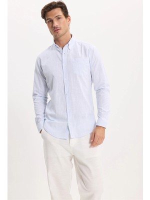 Tudors Erkek Slim Fit Dar Kesim Uzun Kollu %100 Pamuk Keten Efektli Düğmeli Yaka Rahat Mavi Gömlek