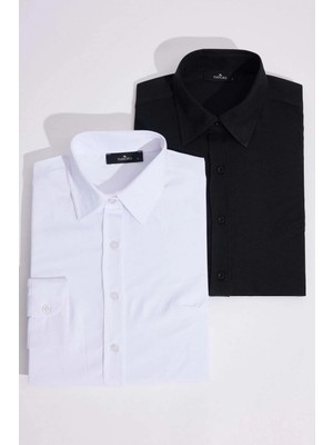 Tudors Kadın 2'li Paket Siyah-Beyaz Slim Fit Dar Kesim Uzun Kollu Pamuklu Vücuda Oturan Dokulu Basic Gömlek