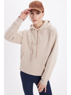 Tudors Kadın Oversize Geniş Kesim Pamuklu Yumuşak Dokulu İçi Polarlı Basic Bej Kapüşonlu Sweatshirt