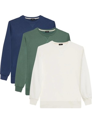 Tudors Unisex 3'lü Paket Beyaz-Yeşil-Mavi Relax Fit %100 Pamuk 3 İplik Bisiklet Yaka Sweatshirt