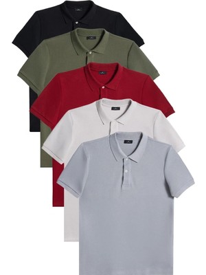 Tudors Erkek 5'li Paket Siyah-Haki-Bordo-Gri-Koyu Gri Slim Fit Dar Kesim Pamuklu Düz Pike Polo Yaka Tişört