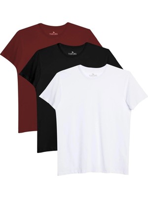 Tudors Unisex 3'lü Paket Siyah-Beyaz-Bordo Rengi Slim Fit Dar Kesim %100 Pamuk Bisiklet Yaka Tişört