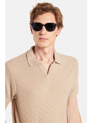 Erkek Slim Fit Dar Kesim Viskon Kumaş Desenli Düz Pike Düğmesiz Vizon Polo Yaka Tişört