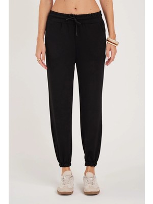 Tudors Kadın Relax Fit Rahat Kesim Modal Kumaş Beli Bağlamalı Lastikli Jogger Siyah Pantolon