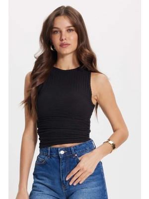 Tudors Kadın Slim Fit Dar Kesim Bürümcük Kumaş Likralı Siyah Askılı Bluz