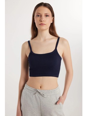 Tudors Kadın Slim Fit Kare Yaka Düz Basic Lacivert Crop Atlet