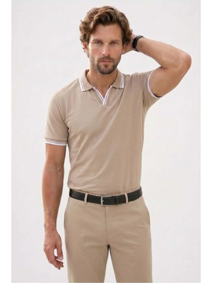 Tudors Erkek Slim Fit Dar Kesim %100 Pamuklu Çizgili Detaylı V Yaka Taş Polo Yaka Tişört