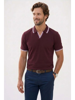 Tudors Erkek Slim Fit Dar Kesim %100 Pamuklu Çizgili Detaylı V Yaka Bordo Polo Yaka Tişört
