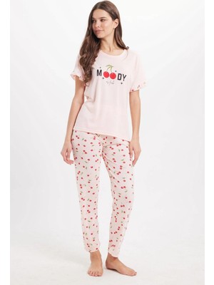 Tudors Kadın Regular Fit Klasik Kesim %100 Pamuk Fırfır Detaylı Kısa Kollu Baskılı Pembe Pijama Takımı