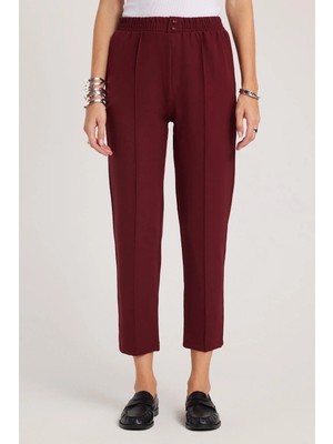 Tudors Kadın Relax Fit Rahat Kesim Yüksel Bel Düz Paça Beli Lastikli Bordo Pantolon