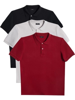 Tudors Erkek 3'lü Paket Bordo-Gri-Siyah Slim Fit Dar Kesim Pamuklu Düz Pike Polo Yaka Tişört