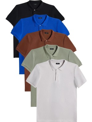 Tudors Erkek 5'li Paket Siyah-Saks Mavi-Kahverengi-Haki-Gri Slim Fit Pamuklu Düz Pike Polo Yaka Tişört