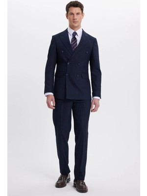Tudors Erkek Slim Fit Sivri Yaka Çizgili Kapaklı Cepli Lacivert Takım Elbise