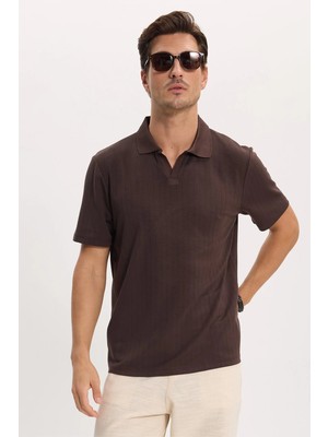 Tudors Erkek Slim Fit Dar Kesim Pamuklu Kısa Kollu Çizgili Kahverengi Polo V Yaka Tişört