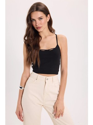 Tudors Kadın Slim Fit Dar Kesim Pamuklu İnce Askılı Siyah Crop Atlet