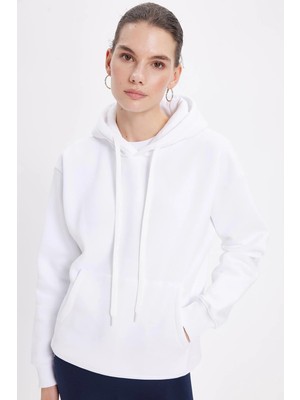 Tudors Kadın Oversize Geniş Kesim Pamuklu Yumuşak Dokulu İçi Polarlı Basic Beyaz Kapüşonlu Sweatshirt