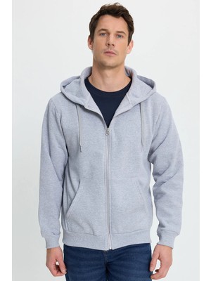 Tudors Unisex Relax Fit Rahat Kesim Pamuklu İçi Polarlı Çift Cepli Tam Fermuarlı Gri Kapüşonlu Sweatshirt