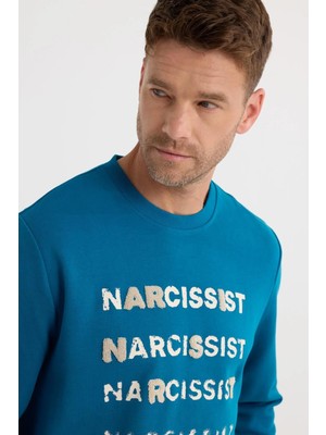 Tudors Unisex Oversize Pamuklu Yumuşak Dokulu Bisiklet Yaka İçi Polarlı Baskılı Turkuaz Sweatshirt