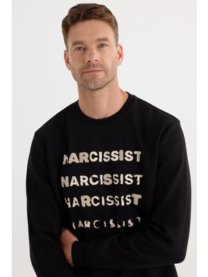 Tudors Unisex Oversize Geniş Kesim Pamuklu Yumuşak Dokulu Bisklet Yaka İçi Polarlı Baskılı Siyah Sweatshirt