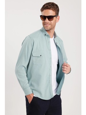 Tudors Erkek Regular Fit Rahat Kesim Çift Cepli Spor Yaka Denim Mint Gömlek