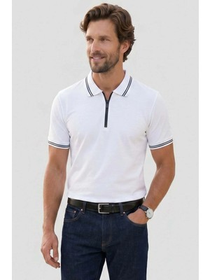 Tudors Erkek Slim Fit Dar Kesim %100 Pamuk Kısa Kollu Fermuarlı Beyaz Polo Yaka Tişört
