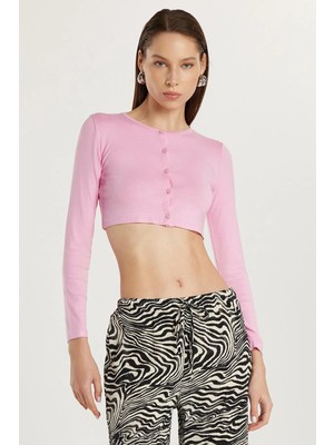 Tudors Kadın Slim Fit Dar Kesim Uzun Kollu Bisiklet Yaka Pembe Hırka
