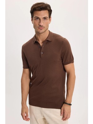 Tudors Erkek Slim Fit Dar Kesim Pamuklu Örme Triko Kahverengi Polo Yaka Tişört